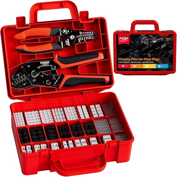 PEBA Crimping Tool and JST Connector Kit - 24 Types of 2.0 mm JST-PH Connectors & Crimp Pins, 2.5 mm JST-XH & JST-SM Housings and Contacts, for DIY Electronics - Suitable for AWG 32-20 Wires