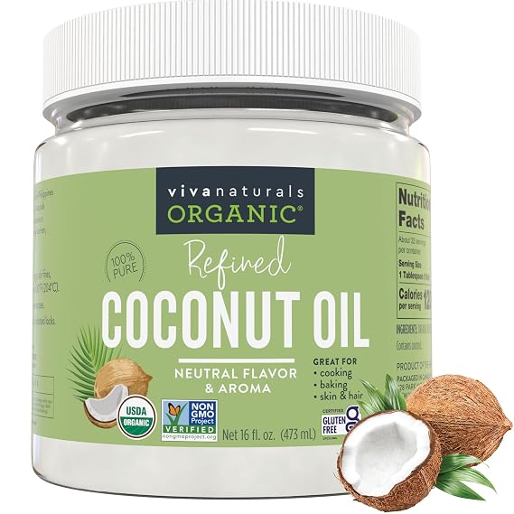 Viva Naturals Refined Coconut Oil, 16 fl oz Expeller-Pressed, USDA Organic, Neutral Flavor & Aroma, Ideal for Cooking, Baking, Hair & Skin Moisturizer