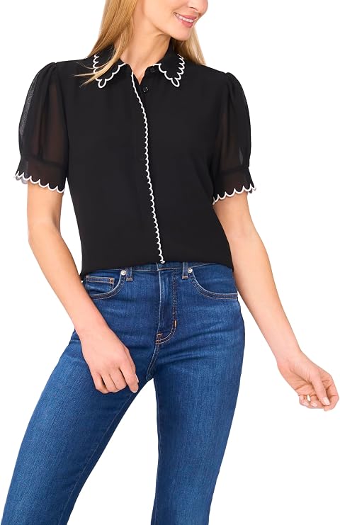 CeCe Women's Short Sleeve Scallop Contrast Trim Button Up Top Modern (Pack of 1)