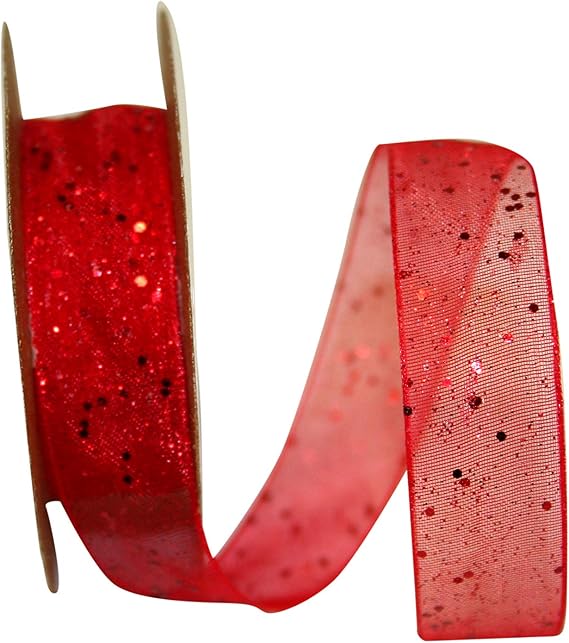 Reliant Ribbon Glitter Mono Sheer Ribbon, 5/8 Inch X 25 Yards, Red