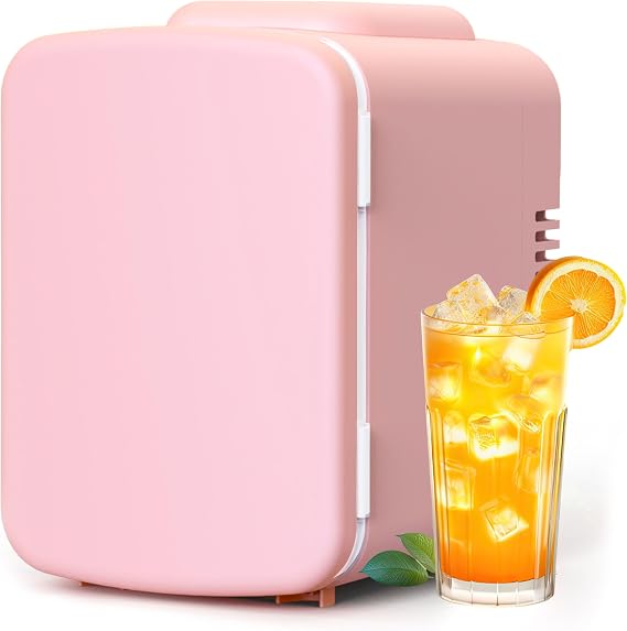 Simple Deluxe 4L 6 Can Portable Mini Fridge, Cooler & Warmer 100% Freon-Free Compact Refrigerator for Skincare, Cosmetics, Beverage, Food, 110V AC/12V DC, Pink