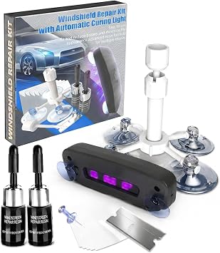 Windshield Repair Kit, 2 PCS Windshield Crack Repair Kit with Suction Cup Curing Light, Automotive Nano Fluid Vehicle Windscreen Tool, Glass Repair Kit for Chips and Cracks Professional oooDark-Blue