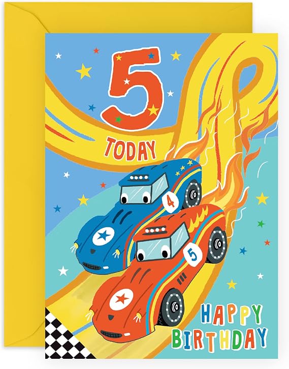 CENTRAL 23 5th Birthday Card - Boy's Racer Car Card - Gifts for Five Year Old - Fifth Birthday -  With Fun Stickers - Made in UK