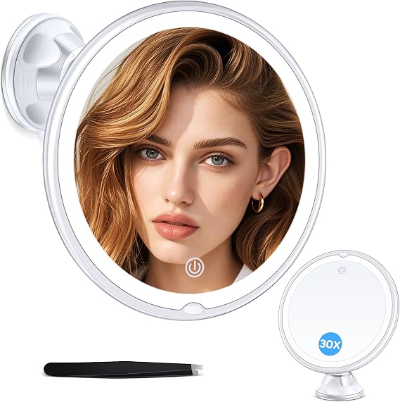 MIYADIVA Magnifying Mirror with Light 30X, 360° Rotating Suction Cup for Bathroom Wall-Mounted Mirrors, 3 Color Modes with Adjustable Brightness, 8 Inches for Bedroom Tabletop Vanity Makeup