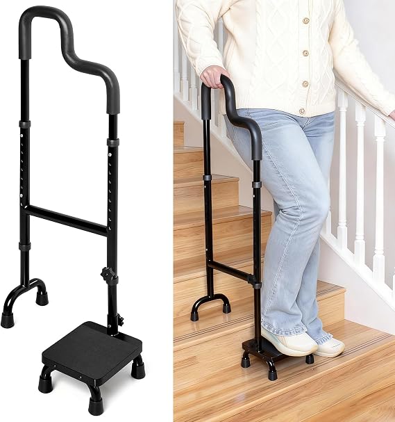 Stair Assist Cane with Large Pedal, 2-in-1 Stair Climbing Assist Cane&Walking Stick,Adjustable Step Cane with 7.2" x 8.7" Anti-Slip Platform, Dual Handrails, Aluminum Frame for Seniors Balance&Safety