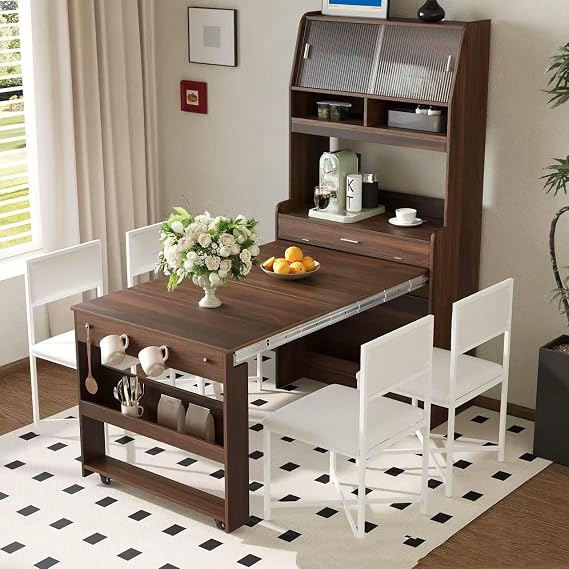 Compact Buffet with Hutch and Foldable Dining Table,Multifunctional Cupboard with Storage Shelf & Side Hooks,for Small Places Studio Apartment (Walnut-H)