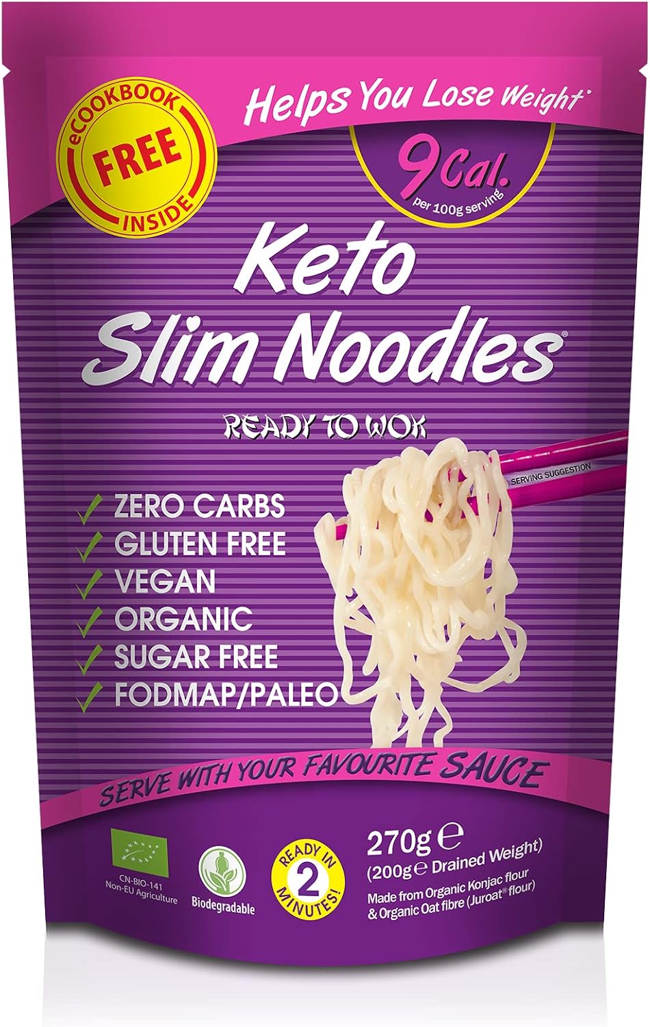 Eat Water Keto Slim Shirataki Noodles Pack of 5 x 270g Organic Konjac Flour & Oats Noodles, Zero Carb, Low Calorie, Gluten, Fat & Sugar Free, Vegan High Fibre Ready to Eat, Paleo Diet Friendly