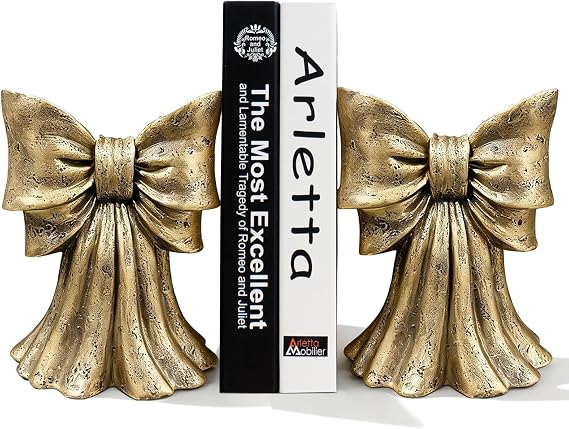 Vintage Gold Bow Book Ends Set of 2 Heavy Duty Bookends for Large & Heavy Books, Decorative Gold Bookends for Shelves, Desk & Home Office,