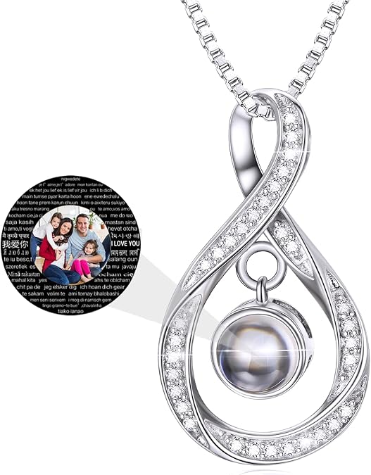 925 Sterling Silver I Love You 100 Languages Necklace I Love You Forever Infinity Heart Mom Sunflower Projection Pendant Necklace for Women Mother's Day Gift