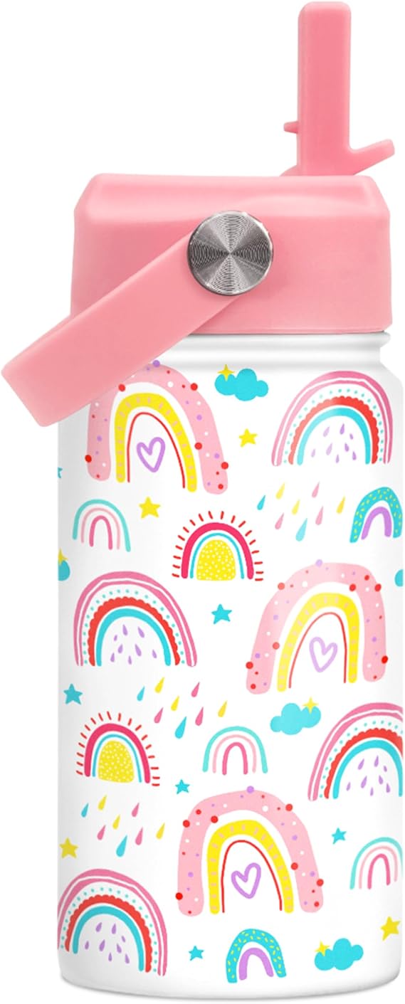 SANDJEST Rainbow Kids Water Bottle With Straw Lid 12oz Insulated Stainless Steel, Travel Tumbler, Gifts For Girls, Birthday, Christmas, Back To School