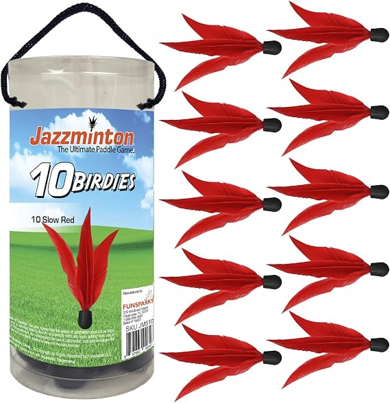 Jazzminton Red Birdies 10 Pack - Shuttlecock for Slow Play with Wooden Paddles - Fun Paddle Game for Indoors