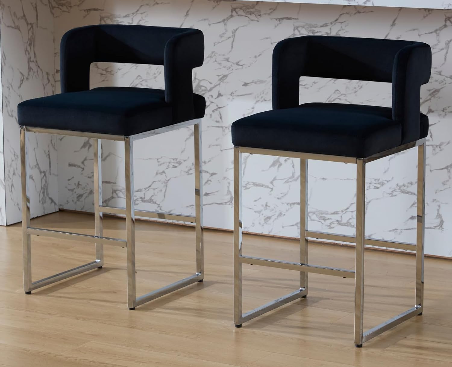 Modern Black Counter Height Bar Stools Set of 2 Barrel Velvet Bar Chairs Barstools Upholstered Counter Stools with BackBlack Metal Base for Kitchen IslandDining RoomHome BarPub,26 Inch