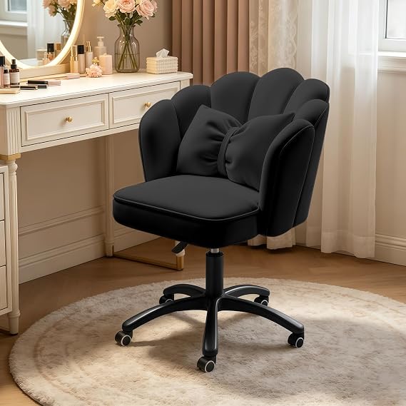 Petal Desk Chair with Bow Cushion Velvet Vanity Chair with Wheels, Upholstered Home Office Chair for Girls Women, Mid-Back Swivel Computer Task Chairs for Living Room Bedroom