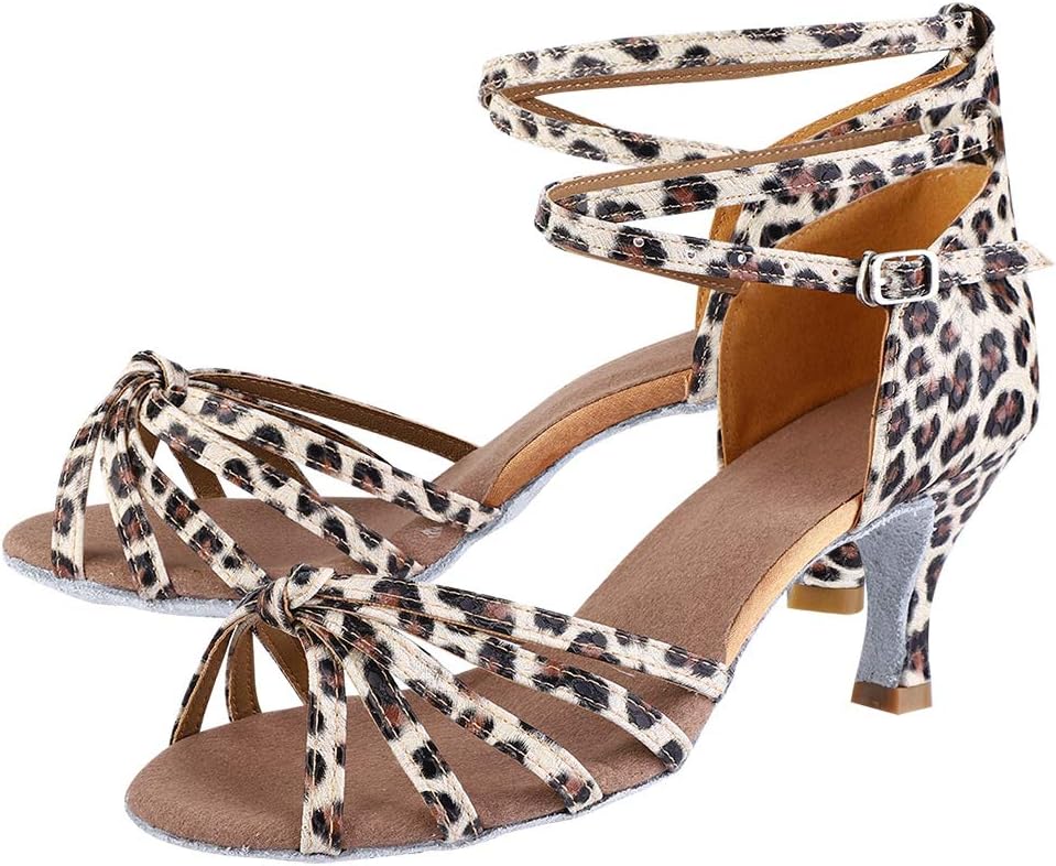 Latin Dance Shoes, Salsa Ballroom Shoes for Women with 7cm Heel Imported Satin Non Slip Wear Leopard Print 36