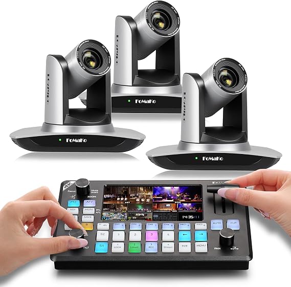 FoMaKo AI Auto Tracking HDMI,20x Optical Zoom PTZ Camera(3pcs),KC602 Video Mixer Switcher,for Church,Conference Live Streaming and Live Production(.FMK12UHX3+KC602)