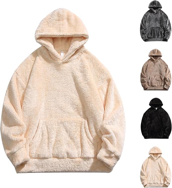 uhnmki Qozys Fluffy Hoodie, Qozys Mens Fuzzy Sherpa Hoodie, Loose Cozy Long Sleeve Winter Hooded Outwear