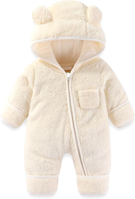 AiWMGL Newborn Baby Bear Outfit With Fold-Over Mittens and Footies Girls Boys Winter Fleece Clothes Hooded Romper Snowsuit