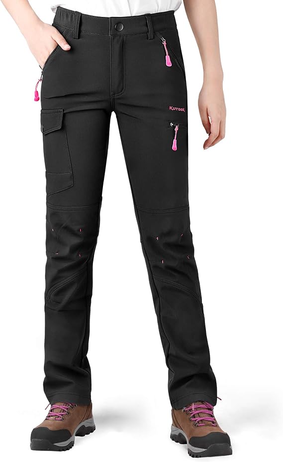 KUTOOK Women's Windproof Fleece Lined Hiking Pants Softshell Cargo Pants with Multiple Pockets