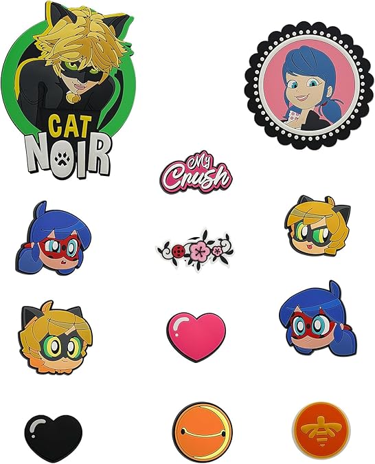 Miraculous Ladybug - Pop n' Swop 12 Assorted Ladybug and Cat Noir Badges, Regular and XXL Clip-on Badges, compatible with Pop n' Swop Purses, Shoulder Bag and Backpacks (Wyncor)