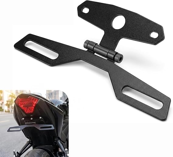 Motorcycle License Plate Bracket, Foldable Anti-vibration Tail Light & License Plate Mount, Rustproof Metal Fastening Holder, Modified Accessory for Most Scooters ATVs Dirt Bikes (Black)