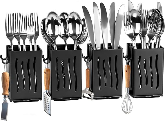 Utensil Drying Rack, 4Pcs Wall Mounted Utensil Holder Kitchen | Drainage Basket Accessories, Plastic Dish Drainer, Utlery Knife Fork Spoon Holder Organizer, with Drain tray and Hooks