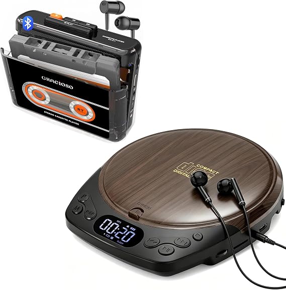 Portable Rechargeable CD Player + Bluetooth Vintage Cassette Tape Player with Headphones for Home & Car