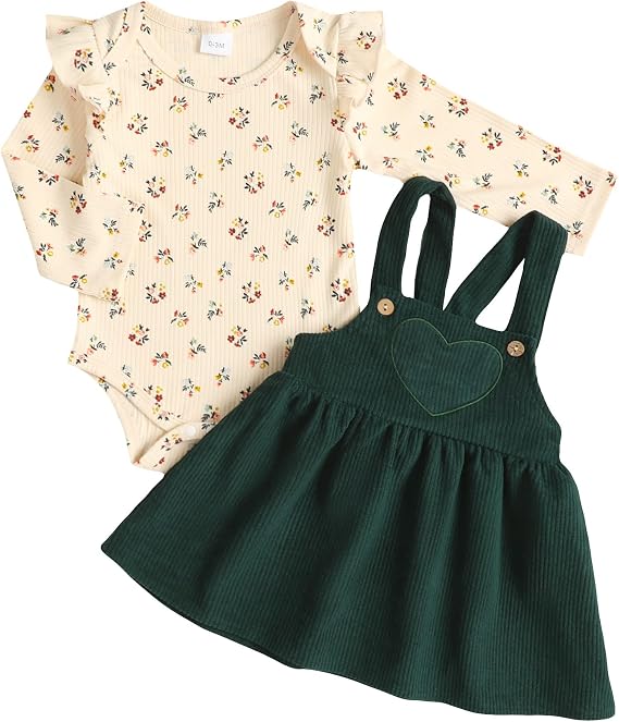 Kucnuzki Newborn Baby Girl Clothes Toddler Long Sleeve Ruffle Romper Top Infant Skirt Set Little Girl Overall Dress
