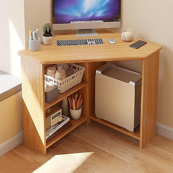 Corner Desk Computer Table, Triangle Study Desk, L-Shaped Desk Scrap Top Workstation Game Desktop with Large Storage Space for Office Living Room Bedroom 57*57*74cm, Wood Color