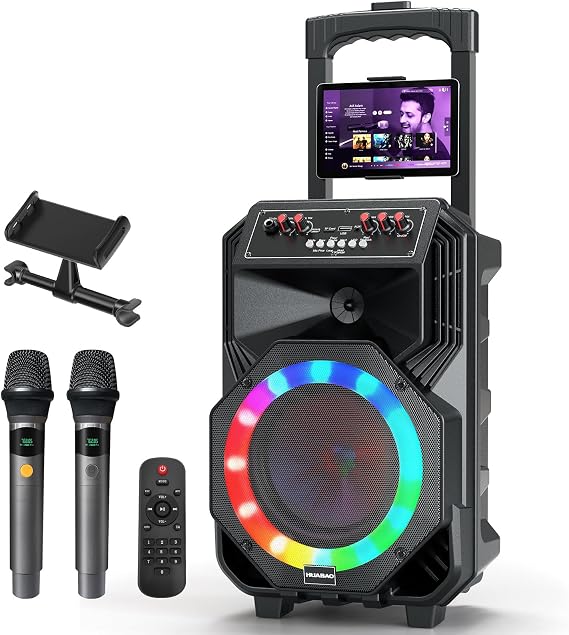 Karaoke Machine with 2 Wireless Microphones, Rolling Wheels and Trolley, 8800mAh Portable Bluetooth Speaker, PA System with Lights, Bass/Treble/Echo Adjustment for Party, Indoor and Outdoor
