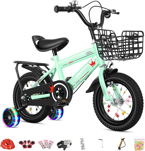 Kids Bike for 2-9 Years Boys & Girls, Children Bike with Stabilisers & Bell, Kids Bicycle with Basket & Fenders, Beginner Bike Kids Cycle Adjustable Seat(Green,130cm)