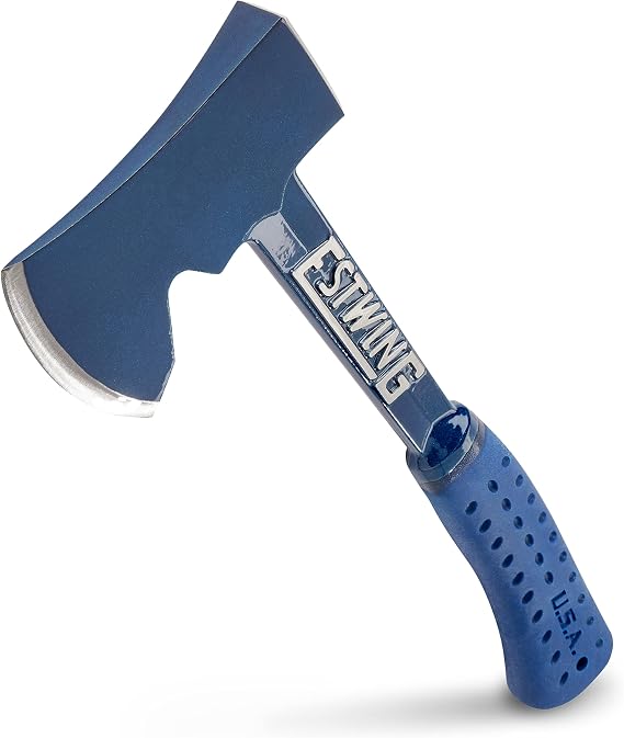 ESTWING Camper's Axe, 14" Blue Axe with Stake Puller, E6-25A | Made in USA, Finish May Vary, Outdoor Versatility, Patented Shock Reduction Grip, Forged In One Piece, Heavy Duty Sheath