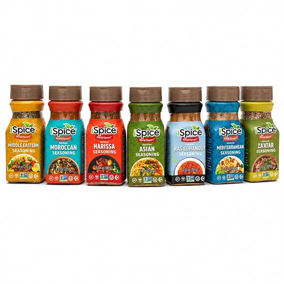 iSpice-Spices and Seasonings Sets Includes Middle Eastern Moroccan Harissa Ras El Hanout Asian, Mediterranean Zaatar Seasoning herbs, spices & seasonings Spice Gift sets 7 pack Middle Earth Fire