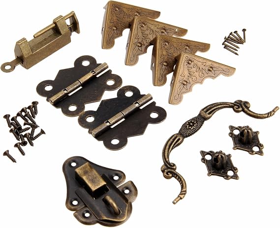 dophee Vintage Decorative Hardware Kit for Wooden Box Treasure Chest | Decorative Lock, Latch Hasps, Pulls Handles, Hinges and Box Corner Protectors Kit for Jewelry Box Wooden Box DIY Projects