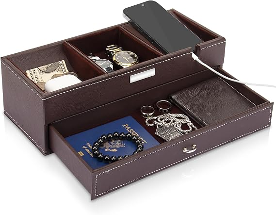 Baoyun Mens Valet Tray, Nightstand Organizers for Men, Leather Jewelry Storage Box Bedside Table Organizer EDC Catch All for Jewelry Key Wallet and Phone
