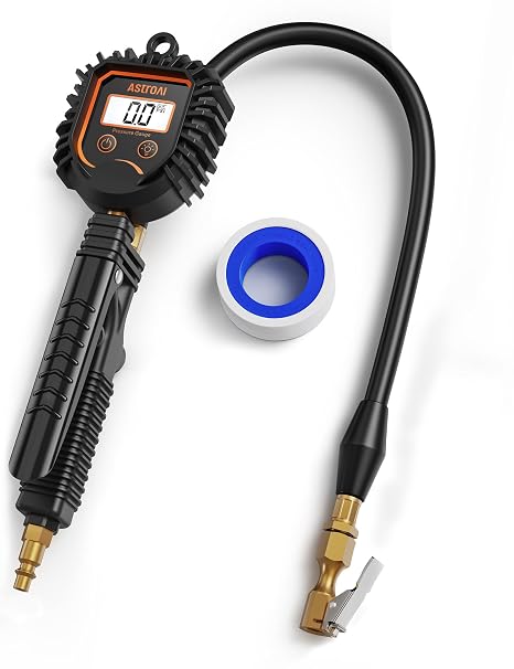 AstroAI 3-250 PSI Digital Tire Pressure Gauge Inflator, Heavy Duty Professional Air Compressor Accessories, ANSI B40.7 Grade 2A, Swivel Brass Air Chuck Compatible for Car/SUV/Truck/RV