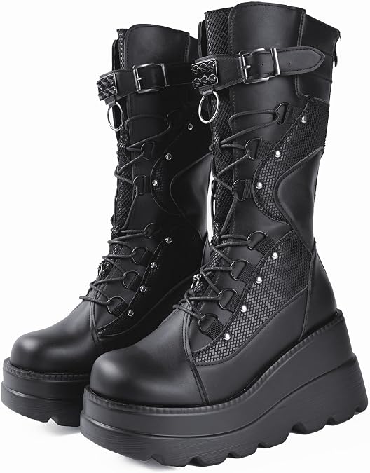 Gothniero Women Black Platform Goth Boots Mid Calf with Heel Knee High Boots Winter Chunky Heel Punk Rave Boots Girls Lace Up Combat Booties Size 5.5-11