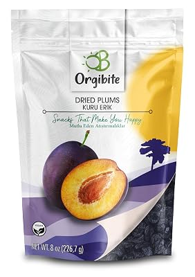 Orgibite Organic Dried Plums | Organic Vitamin-Rich Prunes | Fruit Snack for Kids, Adults | Healthy and Sugar Free, Gluten Free, Non GMO | Resealable Prune Fruit Pack, 8 Oz