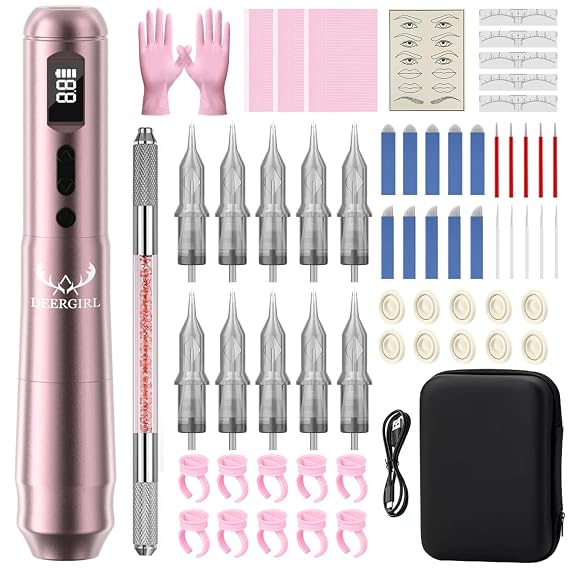 Wireless Permanent Makeup Tattoo Machine Kit, Rechargeable Digital Pen with LCD Display for Eyebrow Microshading, Ombre Brows, Lip Blushing & Eyeliner, Full Supplies with Needles, Case & Tools