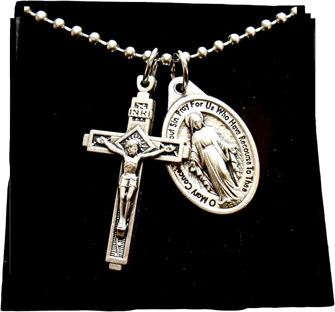 Mens Cross and Miraculous Medal Necklace, 30 Inch