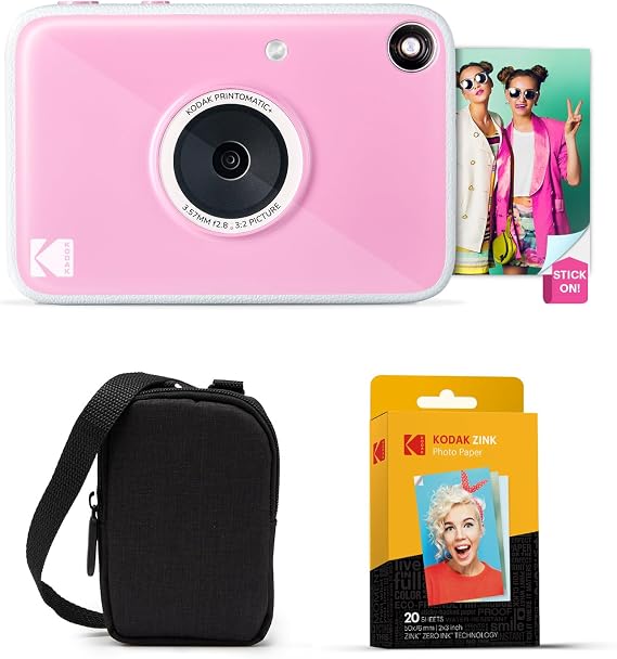 Kodak Printomatic+ Instant Print Digital Camera Starter Bundle + Carrying Case + Zink 20 Pack Self-Adhesive Photo Paper - 10MP, Full Color Photos, GB LED Status Indicator - Pink