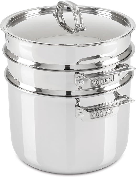 Viking 3-Ply Stainless Steel Pasta Pot with Lid, 8 Quart, 4 Piece Multipot Kitchen Cookware, Includes Pasta Insert and Steamer Basket, Dishwasher and Oven Safe, Induction Ready, Silver