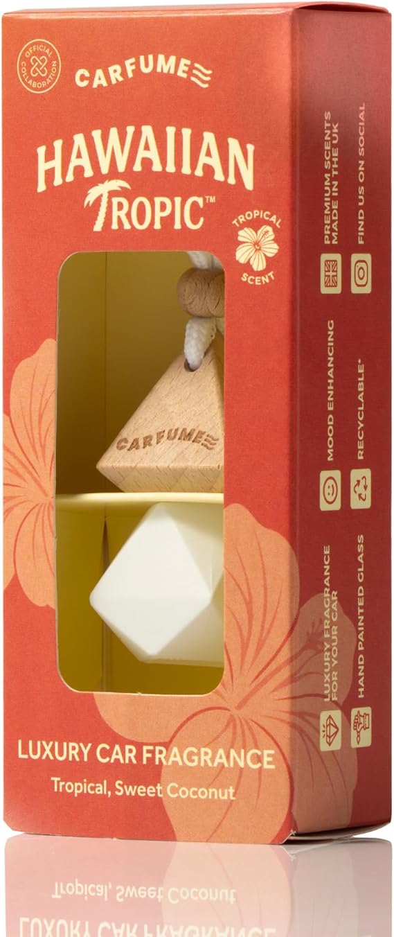 Carfume Limited Edition Hawaiian Tropic Car Air Freshener | Premium Tropical, Passionfruit & Coconut Fragrance | Luxury Recyclable Scented Diffuser - Odour Eliminator - UK Made Car Accessories