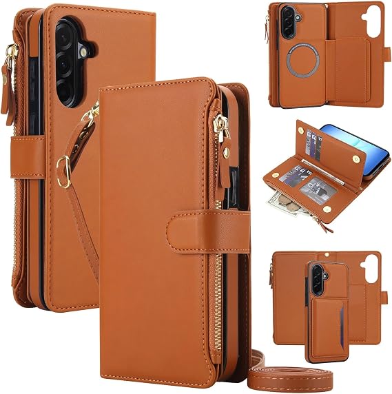 Generic case Compatible with Samsung Galaxy A16 5G (Color : Brown) Removable Leather Wallet flip Back Case with Shoulder Strap