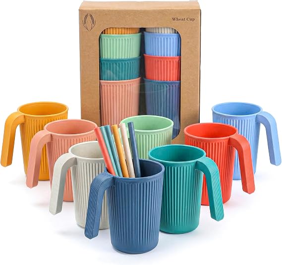 8-Pack Wheat Straw Coffee Mugs with Straws, 12oz Stackable Cups, Unbreakable & Lightweight Plastic Coffee Cups, Dishwasher Safe for Hot/Cold Drinks, Camping, Home (Multi-Color)