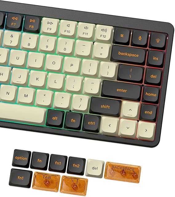 Low Profile Keycaps, Double Shot PBT 60 75 100%, PC Transparent Keycaps Beige/Noir Foncé/Orange pour la Plupart des commutateurs MX Clavier