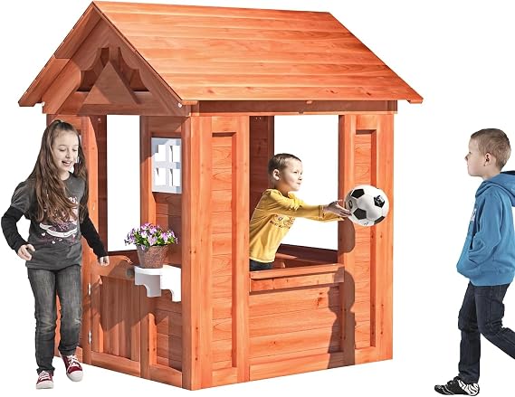 Wooden Outdoor Playhouse for Kids with Games Backyard Play House, Durable Fir Wood Construction, Outdoor Playhouse for Toddler, Boys and Girls Age 3-10 Years (Natural, 55 Inch)