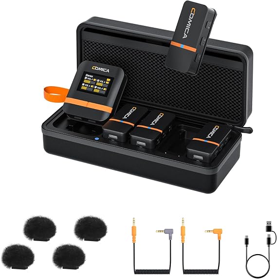 COMICA Vimo Q 4 Channels Wireless Lavalier Microphone for Camera/Smartphone | Noise Reduction, 4 Audio Tracks Output, 656ft Long Range, Wireless Mic for DSLR, iPhone & Android,Video Recording/Livestream