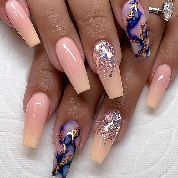 Press on Nails Medium Square Shapes 24Pcs Glossy Full Cover Medium Acrylic Pink Square False Nails with Blue Marble Designs Artificial Coffin Fake Nails Glue ons Fingernails for Women