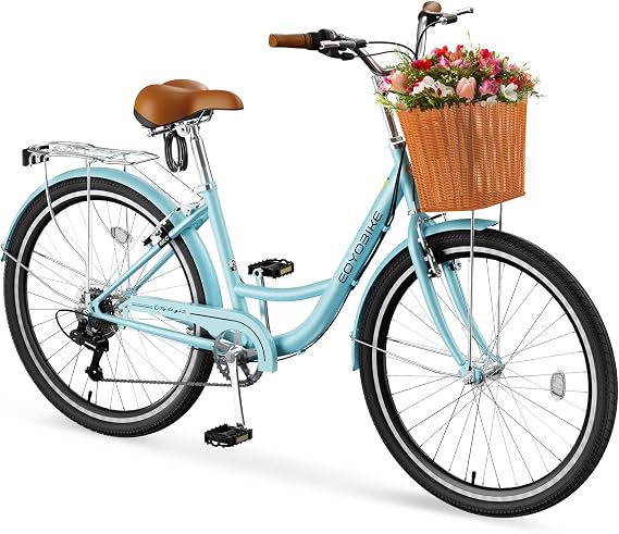 DoCred 24/26 Inch Adult Bicycle, 7 Speed Women's City Bike, Lightweight Adult Bike Beach Complete Cruiser Bike for Women, Womens Commuter Bicycle with Rattan Front Basket & Lock