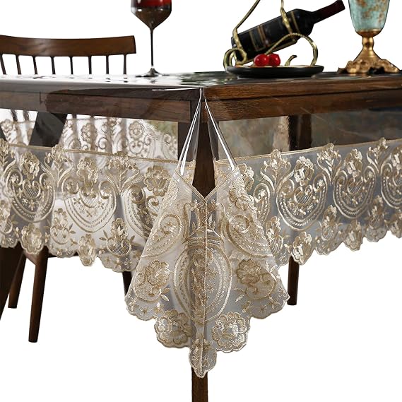 Waterproof PVC Tablecloth - Heavy Duty Clear Vinyl Table Cover Protector for Dining Tables - Thick Reusable Plastic Rectangle Champagne Table Cover - 60x98 Inches